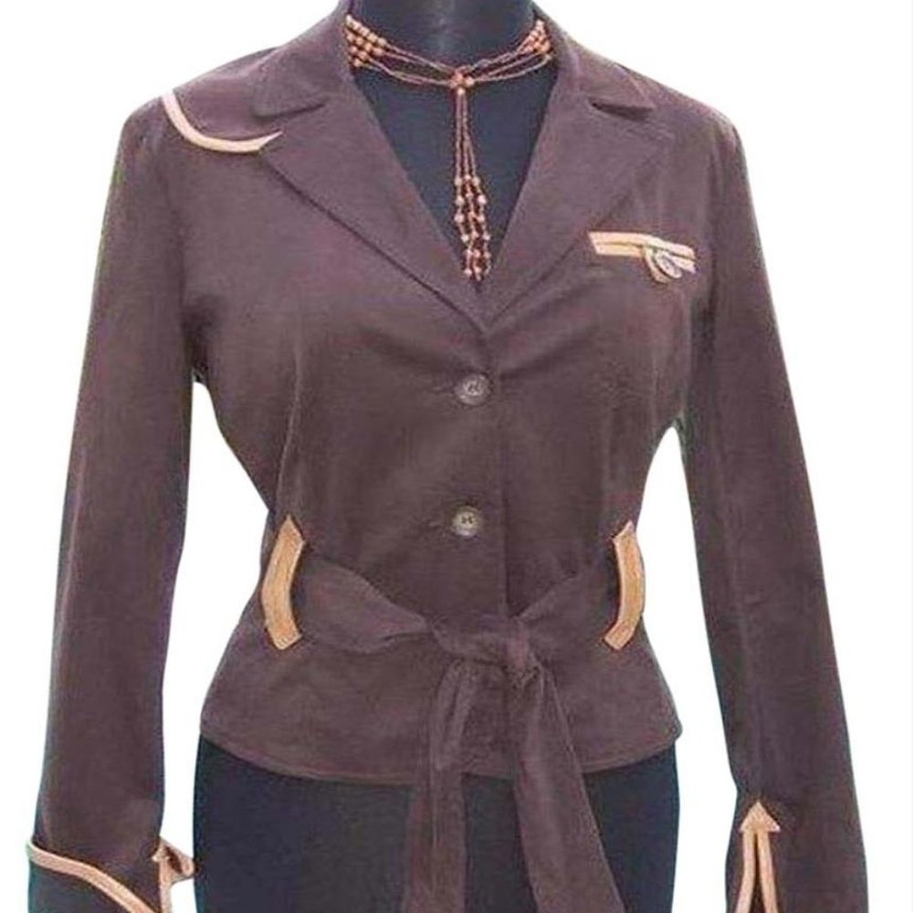Cache Cotton Suede Removable Belt Leather Trim Jacket Top Stretch $188 NWT New